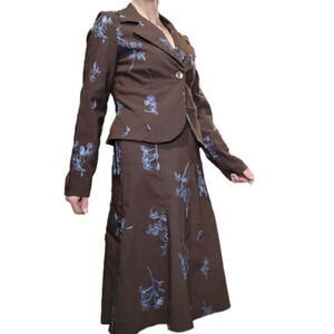 Vintage Skirt set 2 Piece brown Color Blue Embroidery Pinstripe Size S-M VALIA